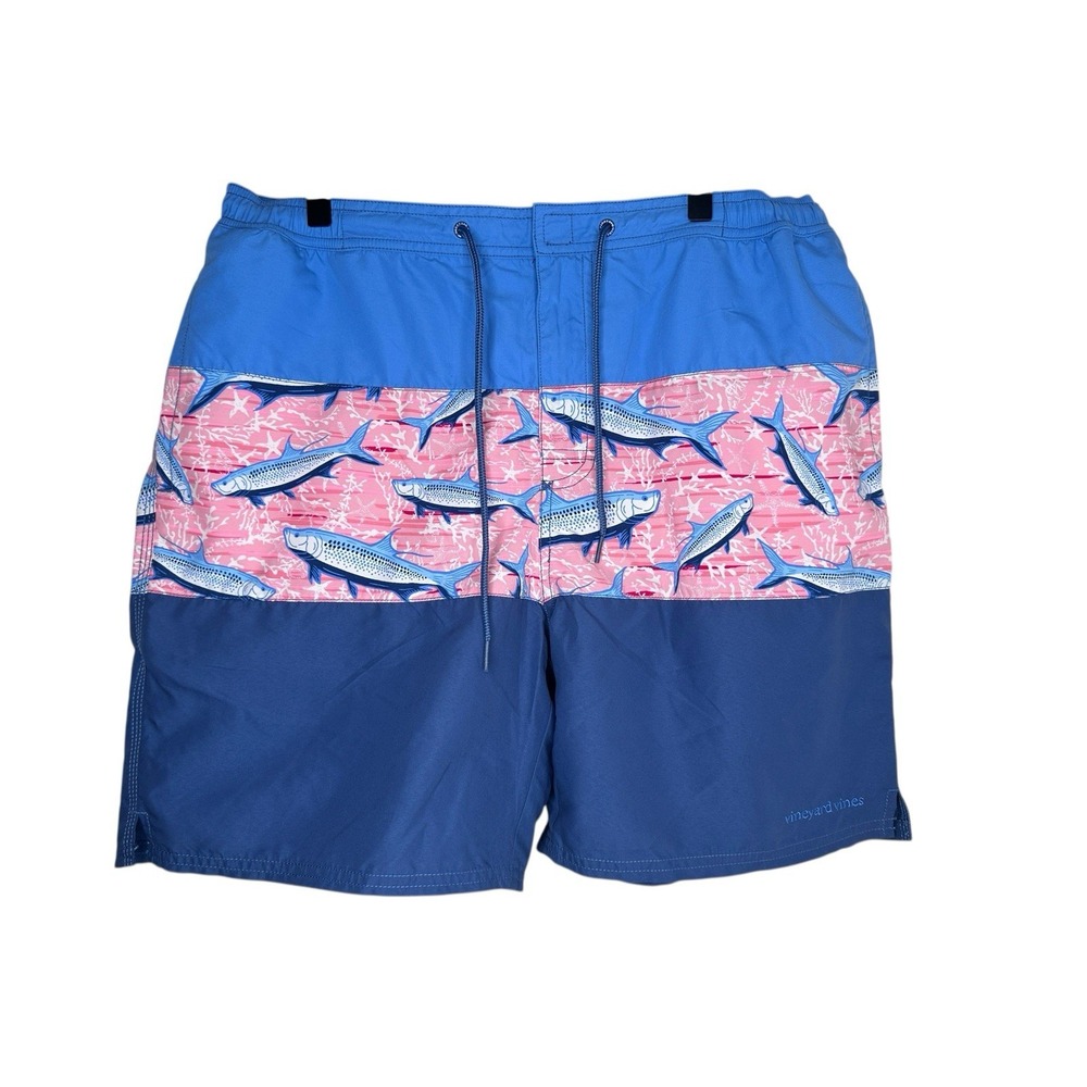 Vineyard Vines Swim Trunks Large Blue Pink Tarpon Fish Colorblock Board Shorts